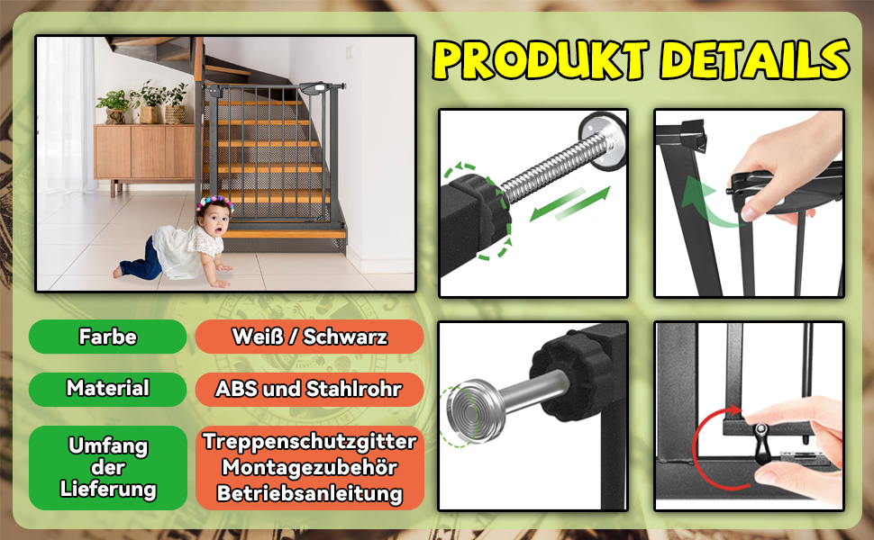 Захист для сходів Subtlety без свердління: сітка для дітей, собак, котів. ABS-пластик, сталеві труби. Автоматичне відключення. Білий (чорний, 75-85см)