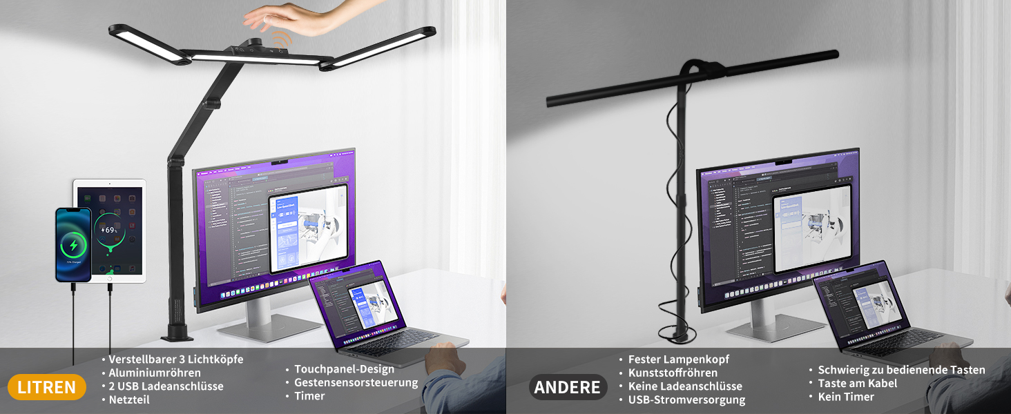 LED лампа для столу Litren 80 см з USB, сенсорне управління та таймер, 24W, чорна
