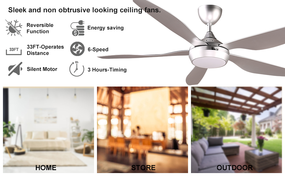 Вентилятор стельовий Reiga з LED-підсвічуванням та пультом керування, 132 см, білий, DC-двигун, тихий, 6 швидкостей, 3 колірні температури, для внутрішнього та зовнішнього використання (5 лопатей, сріблястий)