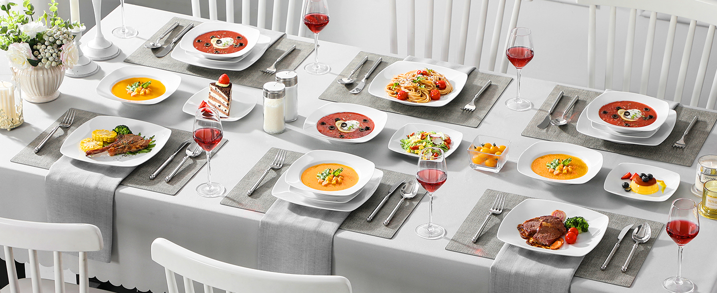 MALACASA Серія Julia, Набір посуду Teller Set 12 осіб, Сучасний KLEIN, 36-ти частинний сервіз з порцеляни, 12 тарілок для їжі, 12 десертних тарілок, 12 супових тарілок сіро-білий, 36 частин