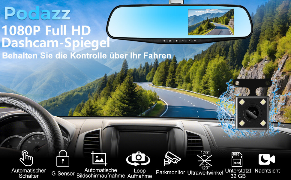 Відеореєстратор Podazz Dashcam Auto - камера для автомобіля з 3-дюймовим IPS екраном FHD 1080P, 170° кутом огляду, нічним баченням, G-сенсором, циклічною записом та детекцією руху, паркувальний режим (блакитний)