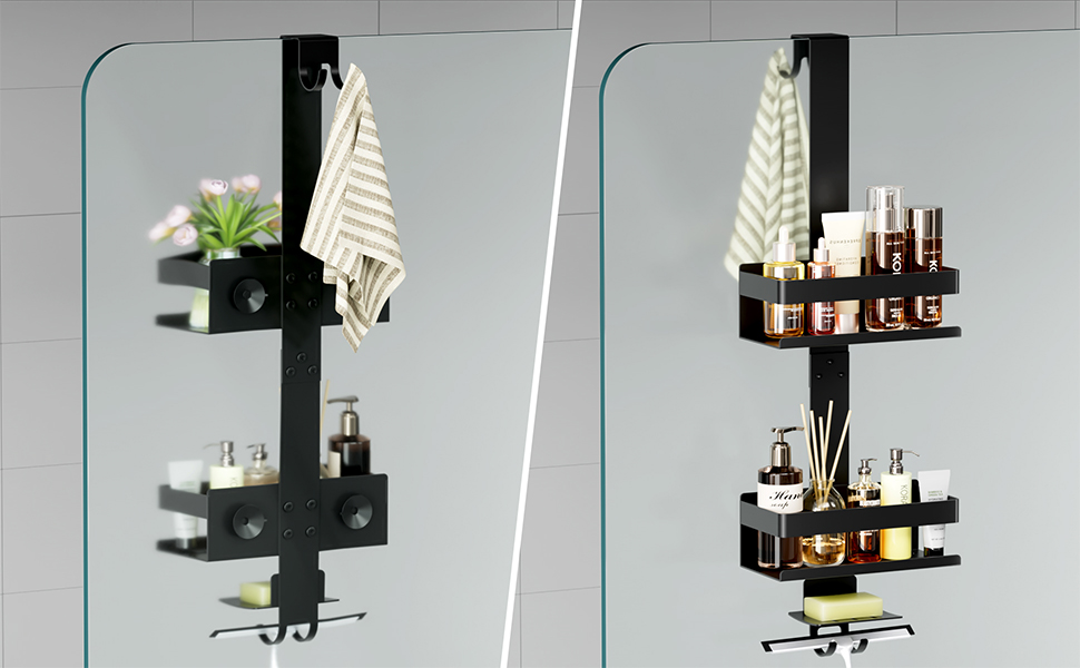 Поличка для душу без свердління, органайзер для ванної кімнати, чорна. Регульована поличка для шампуню та аксесуарів.