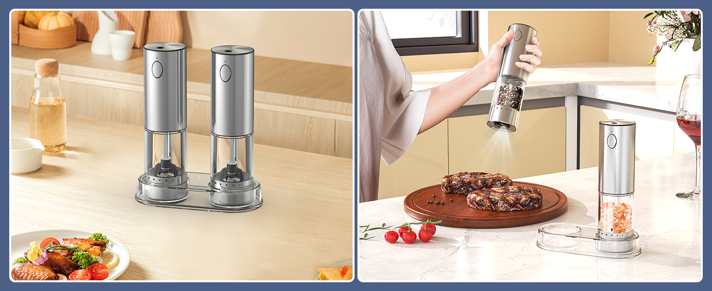 Електричні соляні та перечні млини CIRCLE JOY з нержавіючої сталі з підставкою, 95 мл, біле LED-підсвічування, регульована ступінь помелу, срібний колір