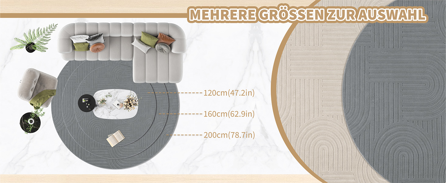 Килим для вітальні 160x230 см, великий пухнастий з коротким ворсом, миючий, сучасний, з 3D ефектом, нековзний, для їдальні, кухні, спальні (200 см круглий, сірий)