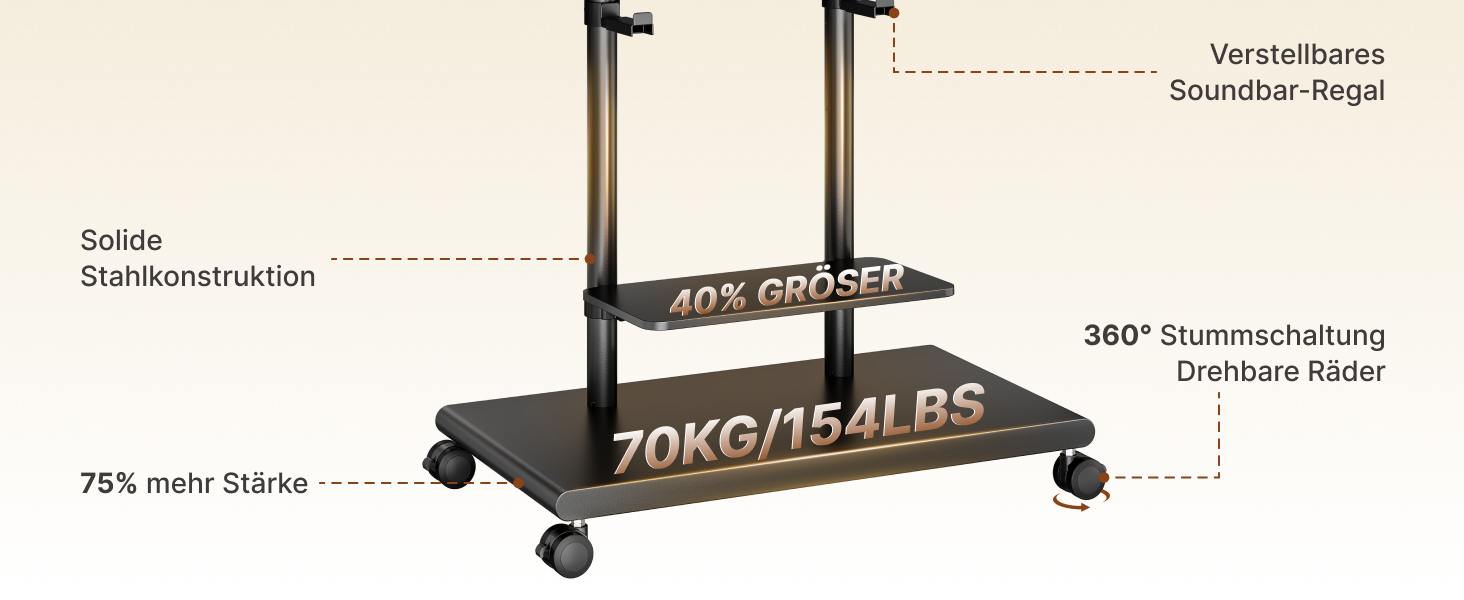 Підставка для телевізора на колесах з кріпленням для саундбару, 50-90 дюймів, до 70 кг, регульована висота та нахил, MAX VESA 600x400 мм