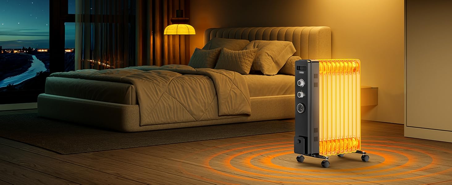 Масляний радіатор VonHaus 11 ребер, 2.5 кВт, з термостатом, чорний | Електричний нагрівач для дому та офісу