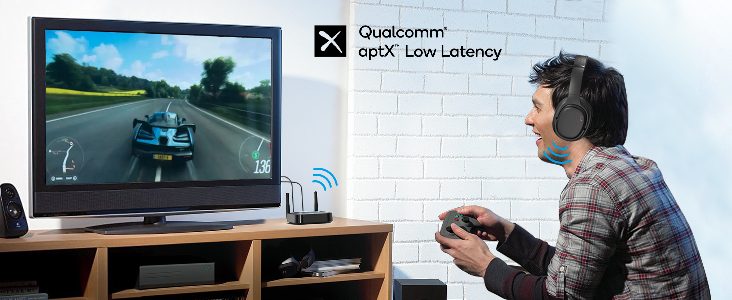 1Mii B06TX Bluetooth 5.2 Передавач для ТВ з aptX HD та низькою затримкою, велика дальність дії, аудіоадаптер для 2 навушників або динаміків, 3,5mm AUX/Оптичний/Коаксіальний вихід, регулювання гучності