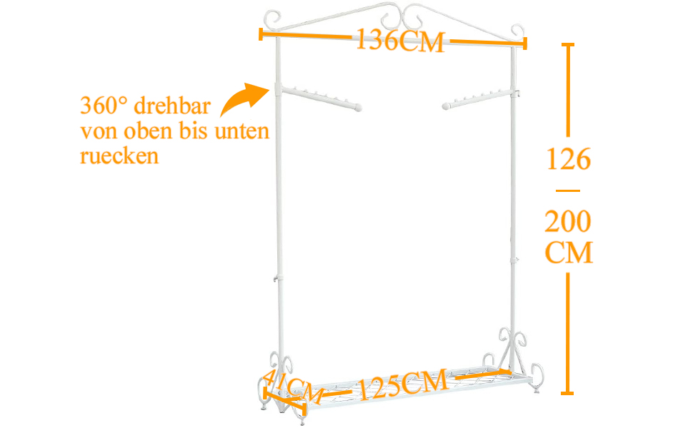 Clothes Rack, Garment Rod, Coat Rack with Shoe Storage, Width 136cm, Vintage Style Metal, Height Adjustable from 126 to 200 cm (White with Wheels)