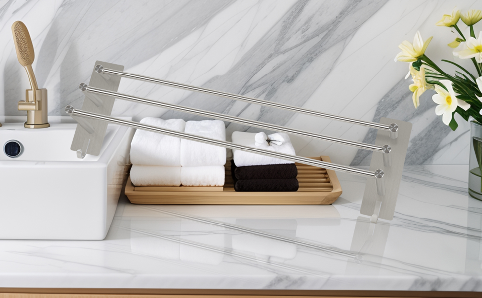 Тримач для рушників Vista з 3-ма перекладинами без свердління, нержавіюча сталь SUS304, сріблястий, з двома гачками, 60 см