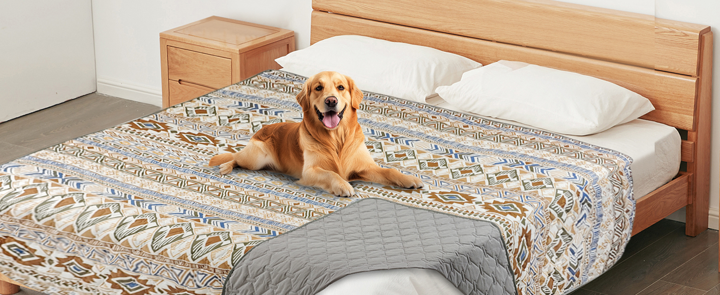 Двостороння водонепроникна ковдра для собак, чохол на ліжко для собак у стилі бохо, ковдра для домашніх тварин, захист дивану/крісла для цуценят, котів, дітей, пральна машина, зворотна сторона (Бежевий медальйон, 178 x 76 см)