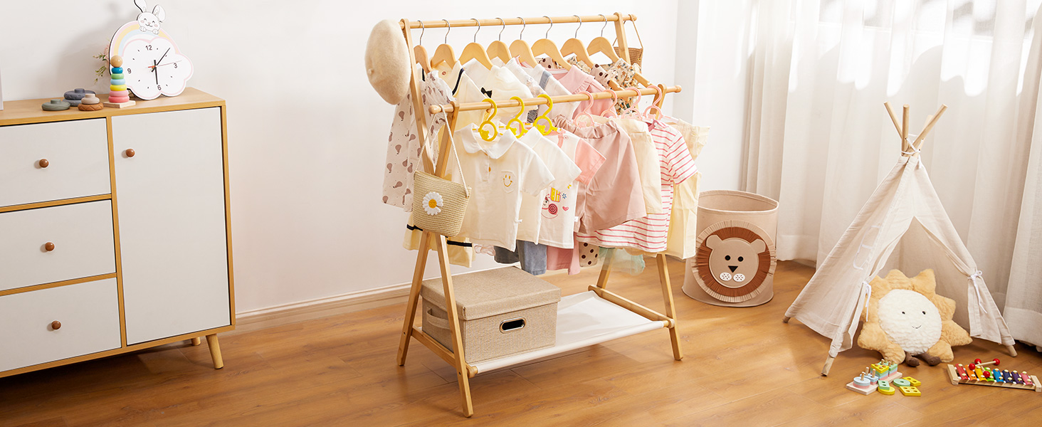 Дитяча вішалка для одягу Yorbay з бамбука, регульована подвійна штанга, з полицями для зберігання, економія місця, натуральний колір