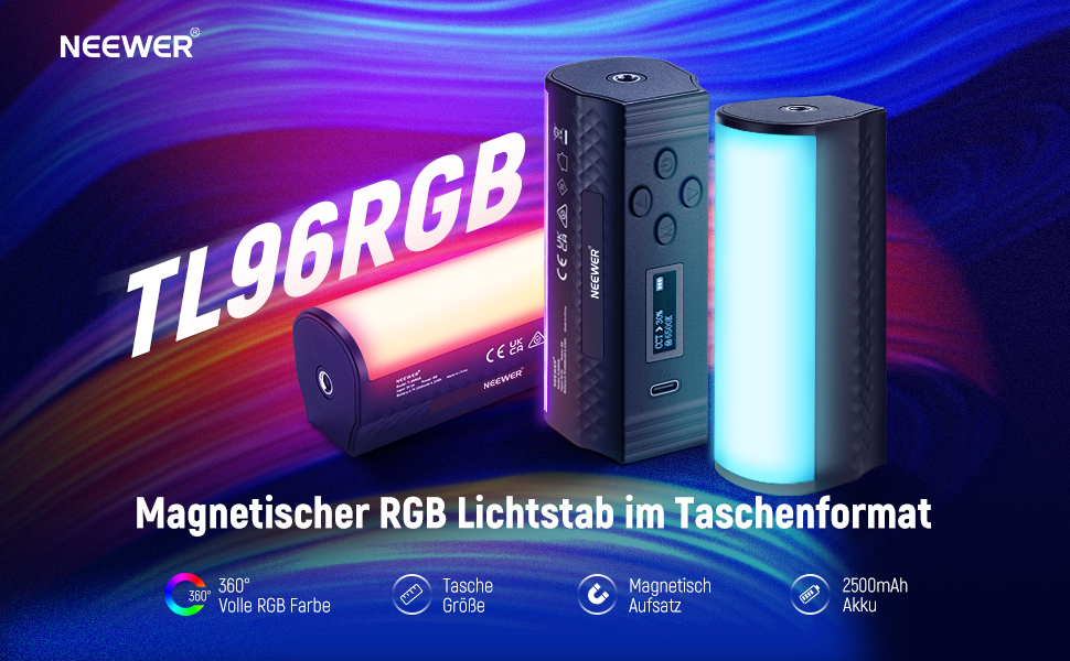 NEEWER LED відеоліхтар з магнітним кріпленням та штативом, RGB, 2500-8500K, 2500mAh, TL96RGB