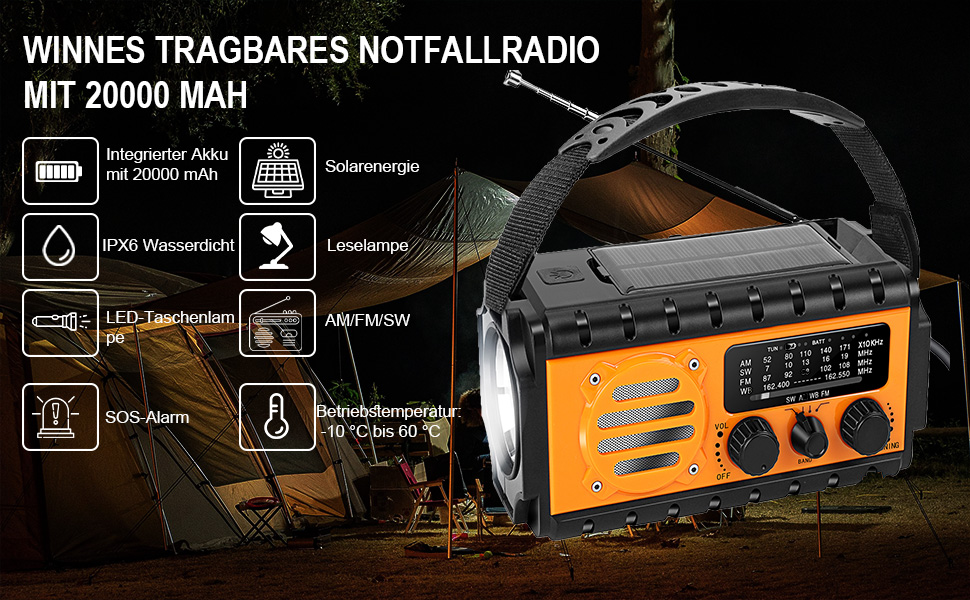 Радіо Winnes для надзвичайних ситуацій з живленням 20000 mAh, AM/FM, ліхтарик, SOS-сигнал, сонячна панель, ручне заряджання, для смартфонів (Помаранчевий)