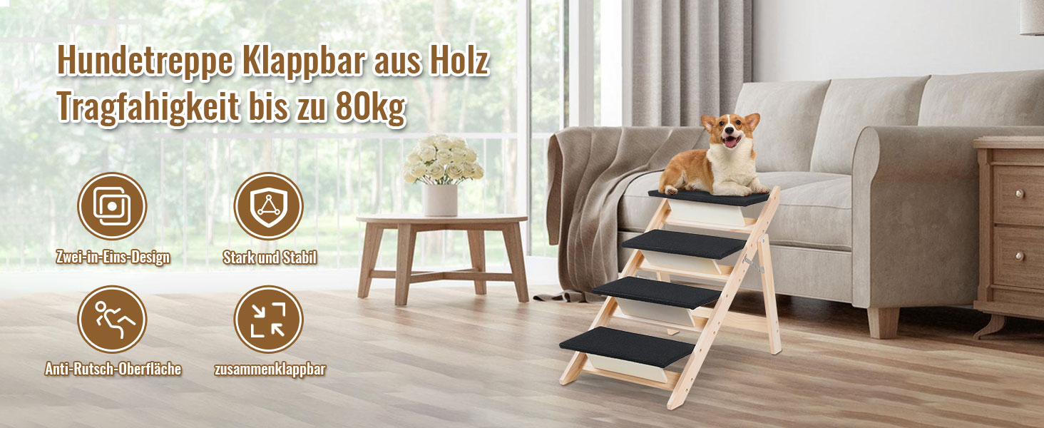 Сходинка для собак та котів 2-в-1, розкладна, 65.5 см, 4 сходинки, вантажопідйомність 80 кг, з антиковзним килимком