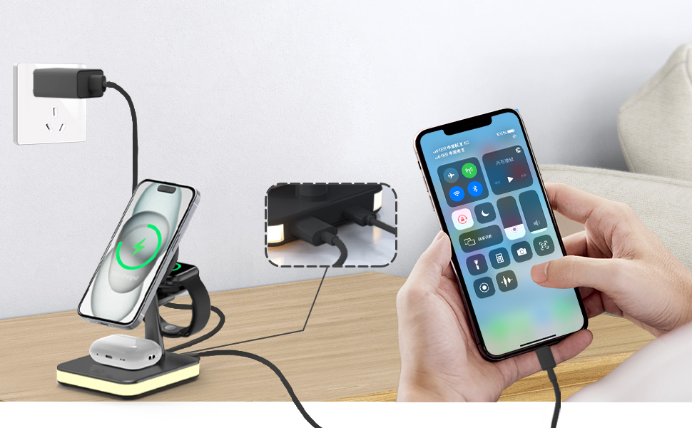 Бездротовий зарядний пристрій 4-в-1 з підсвічуванням та USB-портом для Apple iPhone, iWatch, AirPods (Чорний)