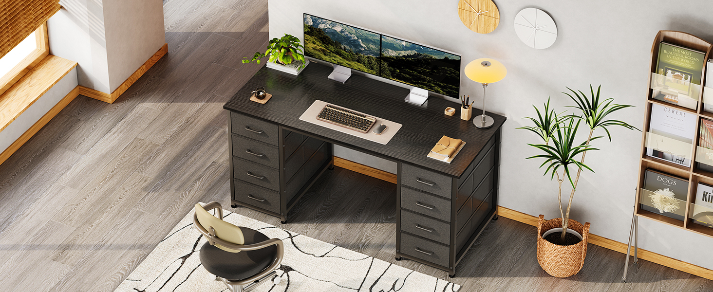 Комп'ютерний стіл Coleshome з 8 тканинними ящиками, 140x48 см, чорний | Стіл для офісу, дому, навчання