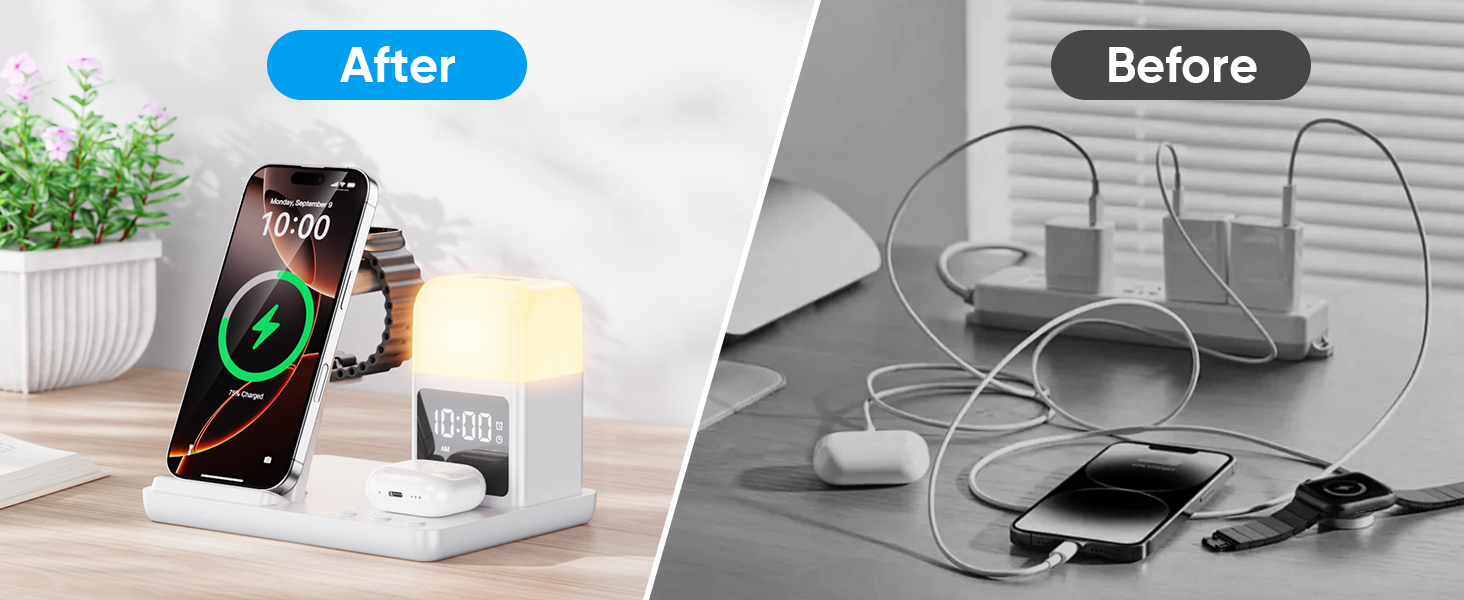 Бездротова зарядка Induktive для iPhone 17/16/15/14/13/12, 6-в-1 з нічною лампою та будильником, сумісна з Apple Watch та AirPods (Біла)