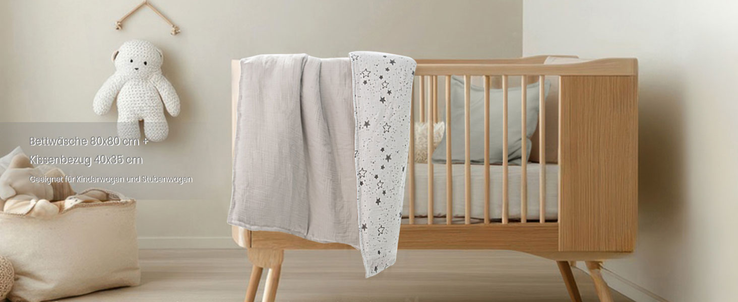 Набір постільної білизни для дитячого ліжечка Lulumoon з мусліну 100x135 см: простирадло 100x135 см + наволочка 40x60 см з бавовни Oeko-TEX Standard – легка та комфортна постільна білизна для малюків. Теплий сірий колір, зірки, 100x135 см + 40x60 см