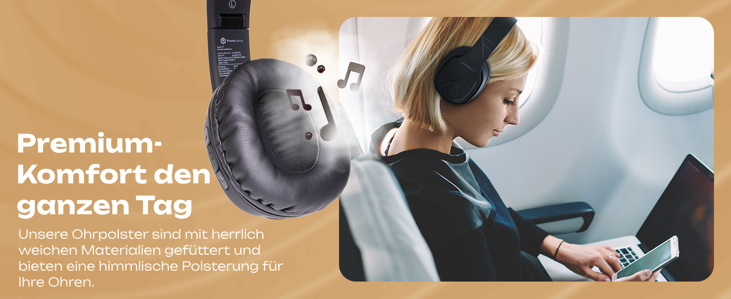 PowerLocus P7 Бездротові навушники Over-Ear, складні, з басами, Hi-Fi стерео, з функцією гучного зв'язку, USB-C зарядка, довгий час роботи, для iPhone/PC/TV, чорний