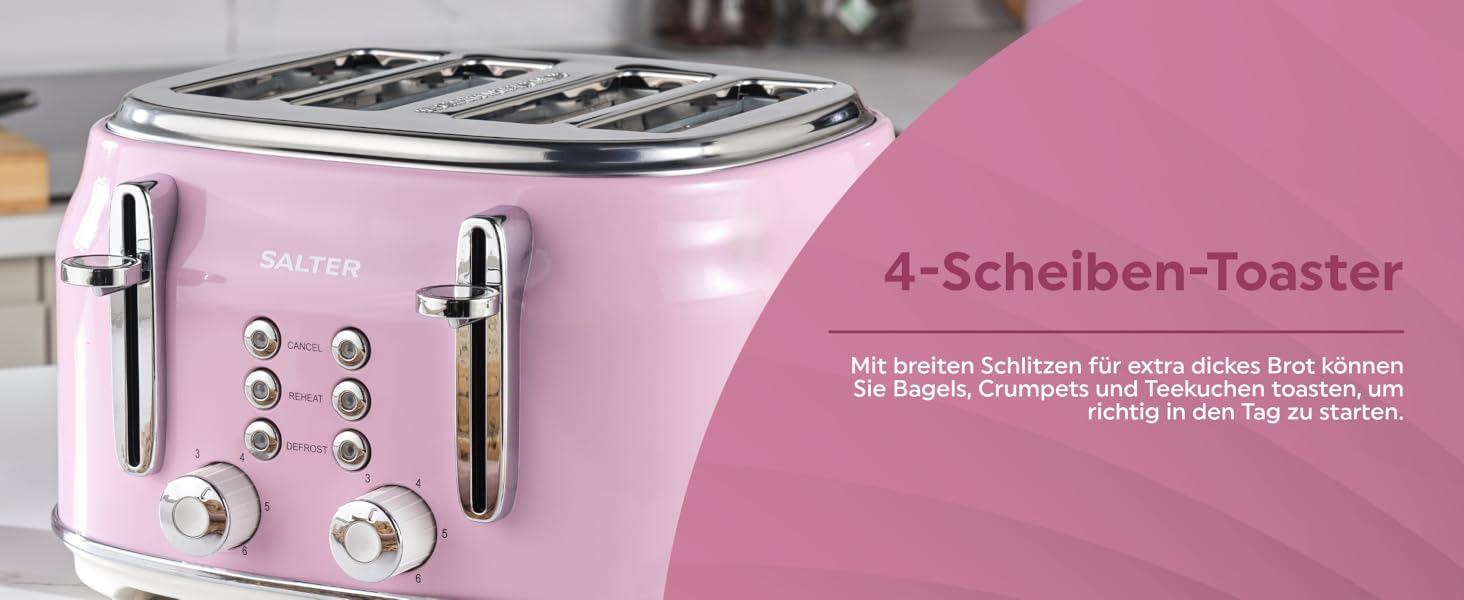 Тостер Salter Retro 4-х секційний, 1,7 л, 3 кВт, рожевий, з фільтром від накипу, бездротовий, з індикатором рівня води та процесу приготування
