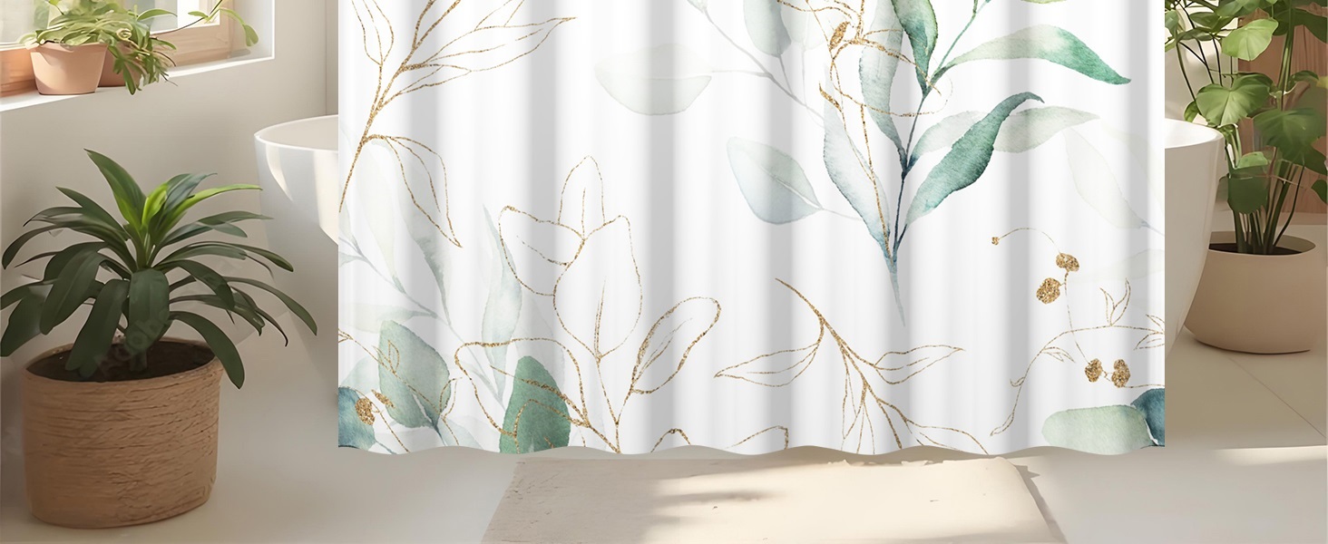 Штора для душу 120x200 см з евкаліптом, антигрибкова, акварель, водонепроникна, поліестер, з гачками для ванної кімнати