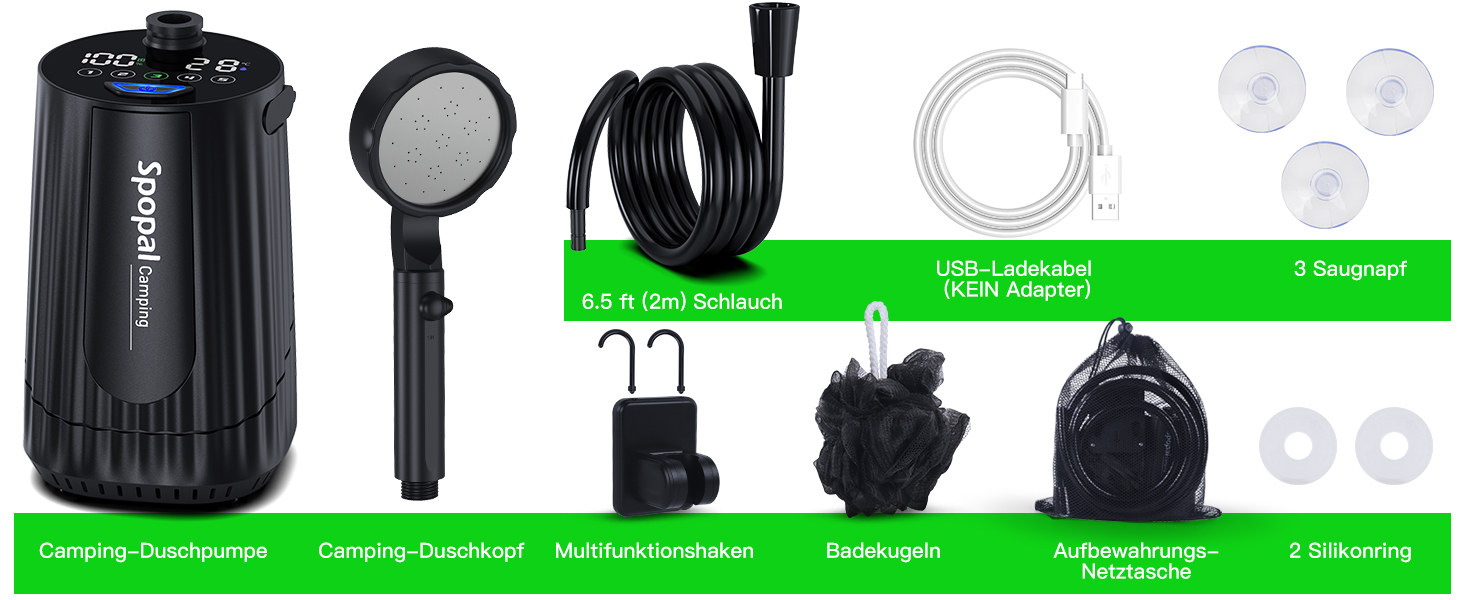 Портативна душова кабіна Spopal для кемпінгу, 10000mAh, з насосом та аксесуарами. Чорний колір. Ідеально для кемпінгу, відпочинку, автомийки та догляду за тваринами.