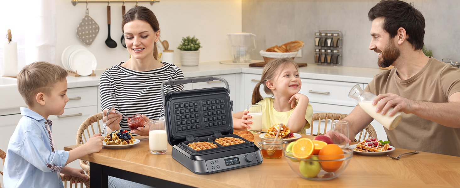 1600W Belgian Waffle Maker - 5 Programs, 7 Browning Levels, LCD Display, Timer, Stainless Steel