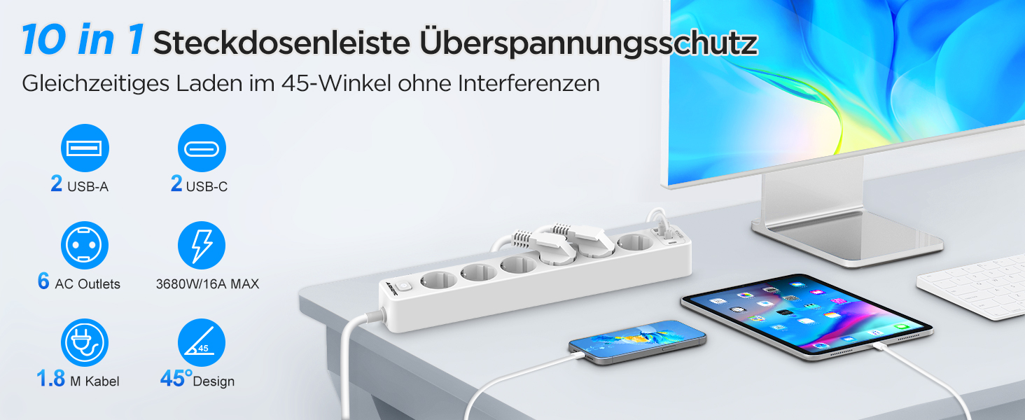 Мережевий фільтр з 4 USB та 6 розеток з вимикачем, для кухні, офісу, 3680W, 16A, 2 Type-C, білий кабель 1.8м