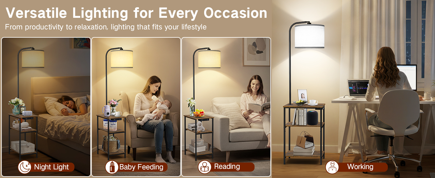 Стійка лампа для вітальні з поличкою та столом, регульована LED лампа з пультом, 3 колірні температури, приліжний столик з функцією зарядки та полицею, дерев'яний столик для спальні, офісу, коричневий в стилі рустік