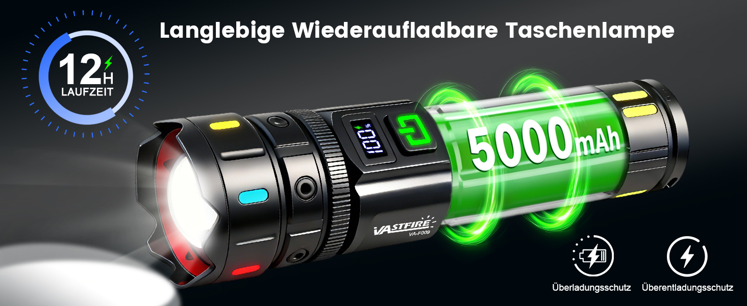 Ліхтар LED VASTFIRE 500000 люменів, тактичний, водонепроникний IP67, з LCD дисплеєм та магнітом, 30W, чорний