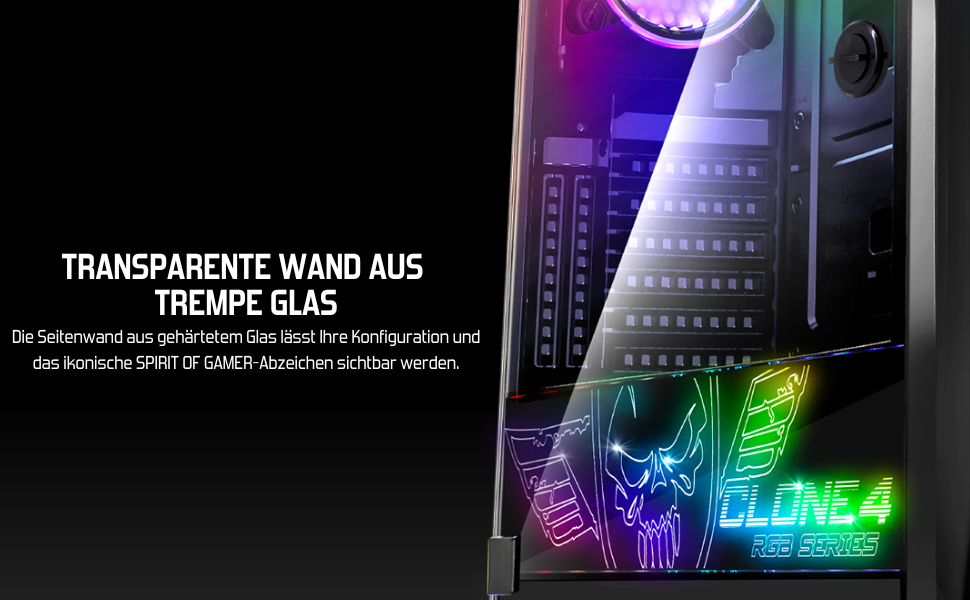 Корпус для ПК Spirit of Gamer Clone 4 RGB з прозорою стінкою з загартованого скла. Підтримує ATX/mATX/ITX. В комплекті 2 вентилятори 120 мм.