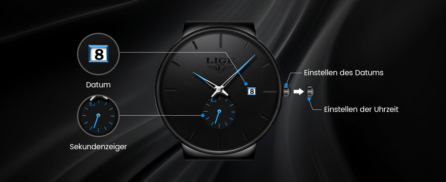 Годинник чоловічий LIGE Retro з нержавіючої сталі, водонепроникні, аналогові, кварцові, з датою, стильні, для бізнесу та повсякденного носіння, чорний / синій