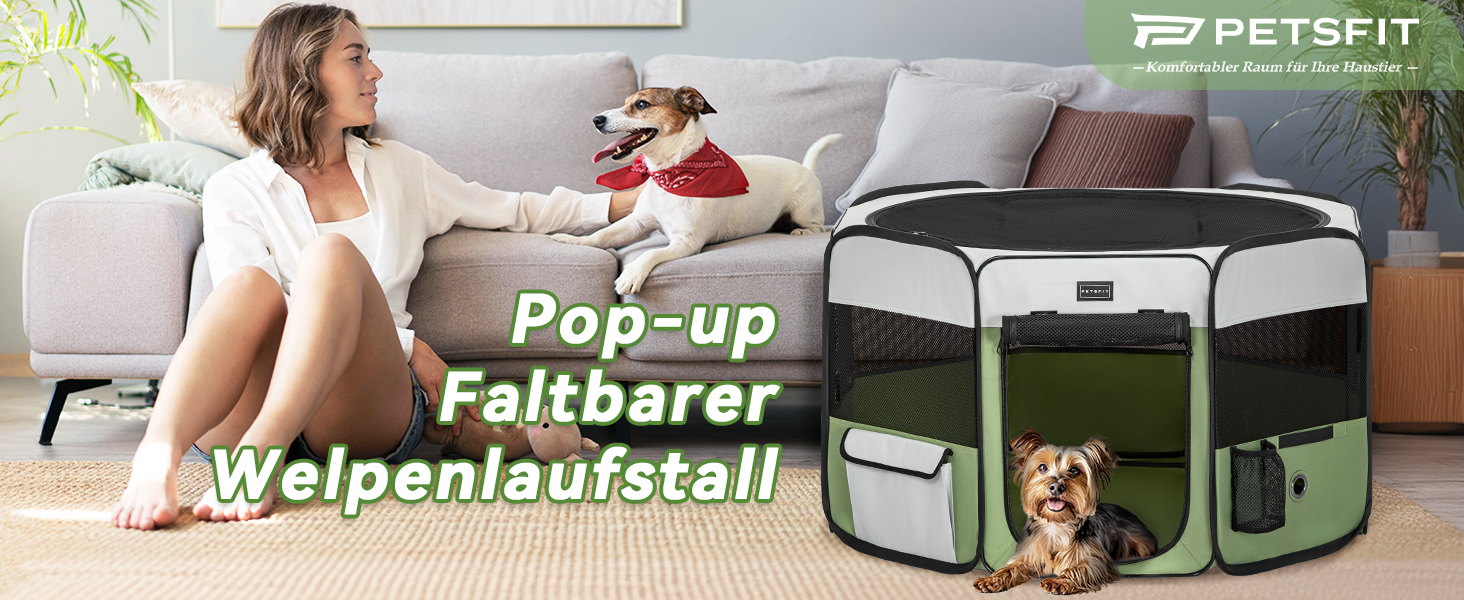 PETSFIT Розкладний вольєр для цуценят та дрібних тварин, вольєр для собак, котів, сірий/зелений, 92x84x53 см