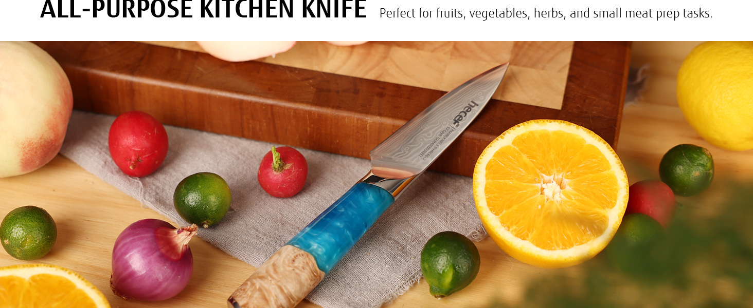 Японський кухонний ніж Hecef Damast з ручкою з харчової смоли, 20 см, 67 шарів дамаської сталі, з захистом для ножа, професійний ніж для кухаря, подарунок шеф-кухарю