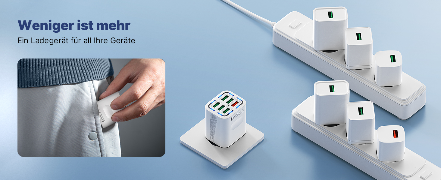 Зарядний пристрій USB 6-портовий, 33W, адаптер з QC 3.0, багатопортовий зарядний пристрій, мережевий адаптер для iPhone 16 15 14 13 12 11 Pro Max, iPad, мобільний телефон, білий