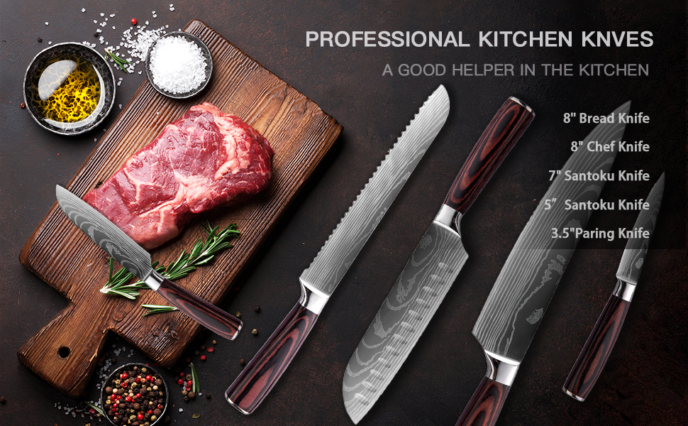 Набір кухонних ножів 5 шт. з нержавіючої сталі, преміум якість, ергономічні дерев'яні ручки, професійний кухонний набір, подарункова коробка