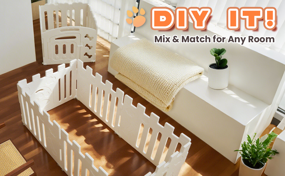 Клітка для цуценят 5+1 панель | Розширювана клітка для тварин в приміщенні з антиковзними ніжками та без інструментів - Білий 155 * 78 * 60 см