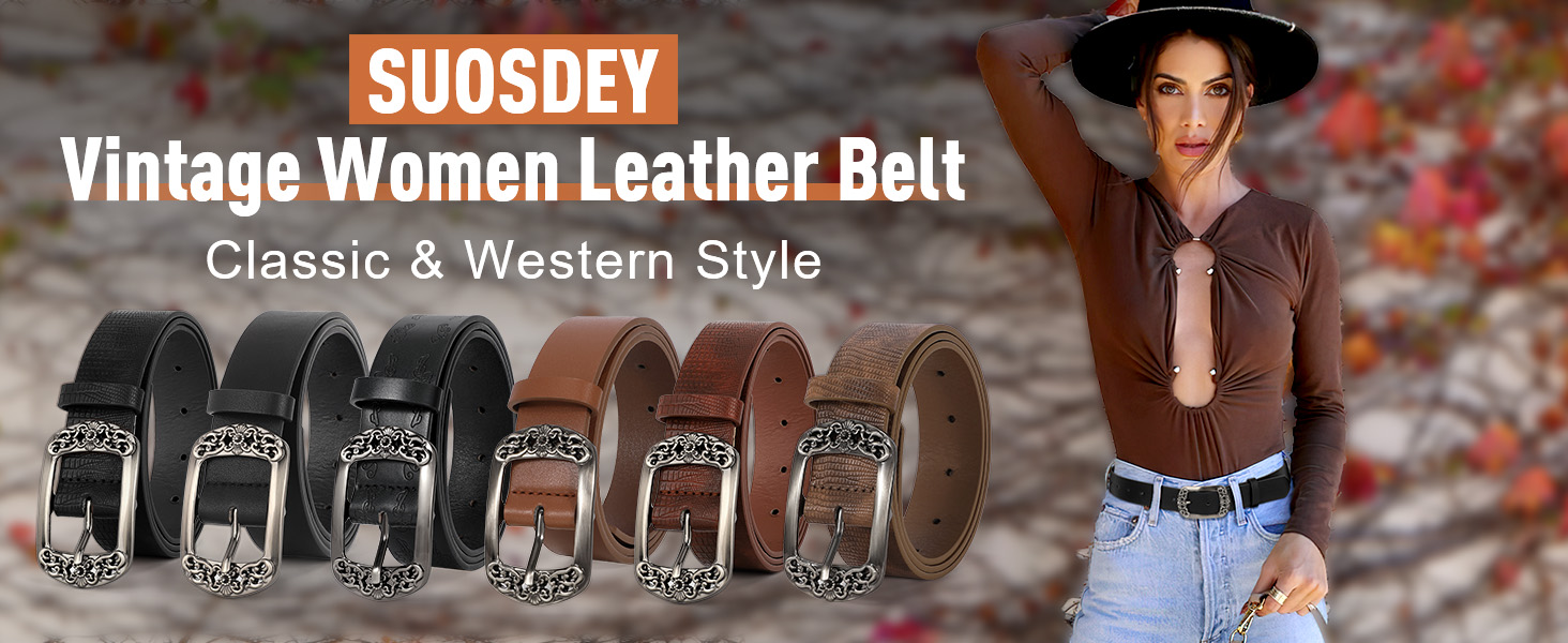 Жіночий шкіряний ремінь SUOSDEY Класичний чорний з квітковою пряжкою для джинсів, суконь, модних образів, 100 см, розмір талії 73-83 см