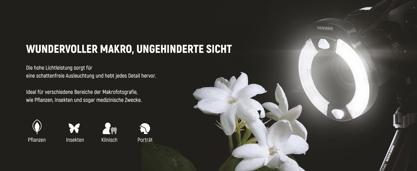 NEEWER RF1-S: Кольцевий спалах для Sony, Canon - 76W, GN15, 5600K, TTL, для макрозйомки та студійного освітлення