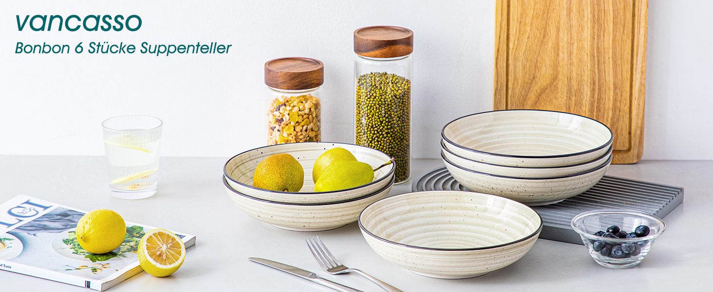 Набір тарілок для супу Vancasso Bonbon (6 шт.), кераміка, 21.7 x 5.5 см. Глибокі тарілки для супу, пасти, рамену, салату. Можна мити в посудомийній машині та використовувати в мікрохвильовці. Бежевий колір.