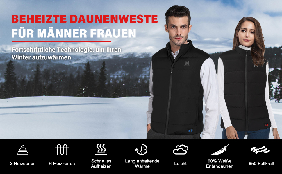 Обогревна жилетка для чоловіків та жінок, 6 зон нагріву, 3 температурні режими, для зимових видів спорту на відкритому повітрі, чорна жилетка з пухом, Back-EU (L)