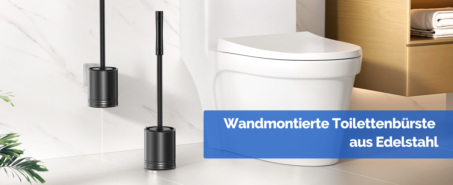 Набір для чищення унітазу Hamitor: щітка з силікону та нержавіючої сталі, кріплення на стіну без свердління, швидке висихання, для ванної кімнати (Чорний)