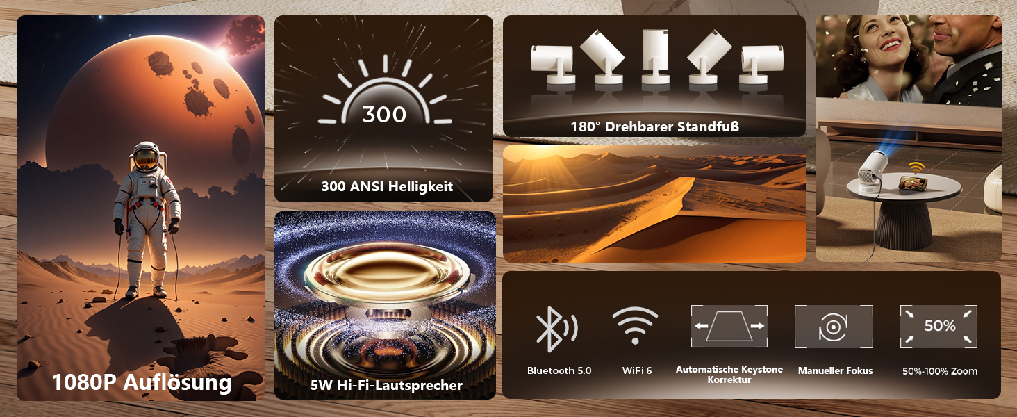 Mini проєктор HY300 HIFI: 4K/1080p, 300 ANSI люмен, Wi-Fi 6, Bluetooth, автоматична корекція трапецеїдальних спотворень для дому та кінотеатру