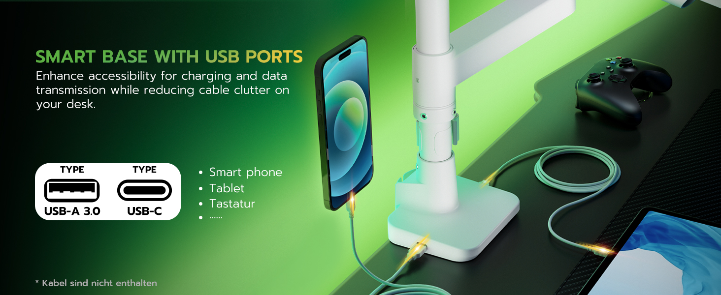 Кронштейн для двох моніторів ARES WING (17-49 дюймів) з USB, вертикальна установка один над одним, регулювання висоти, VESA 75/100, до 20 кг на плече, білий