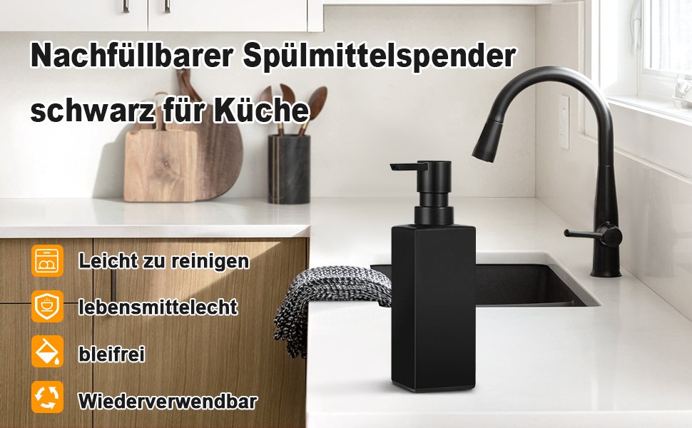 Диспенсер для мила GMISUN для ванної кімнати та кухні, 350 мл, чорний скляний, з піддоном та водонепроникними етикетками
