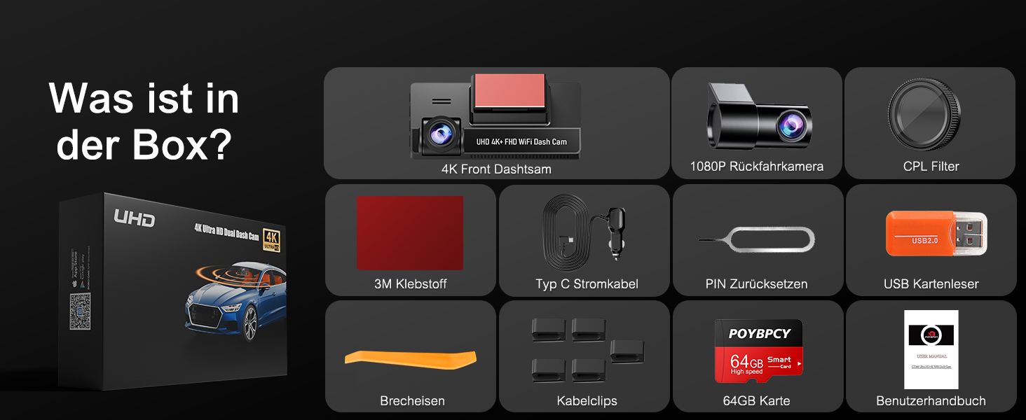 Відеореєстратор у машину 4K Dual Dashcam з CPL фільтром, 360°, WiFi, IPS, Нічне бачення, G-сенсор, Паркувальний режим, 64GB SD карта