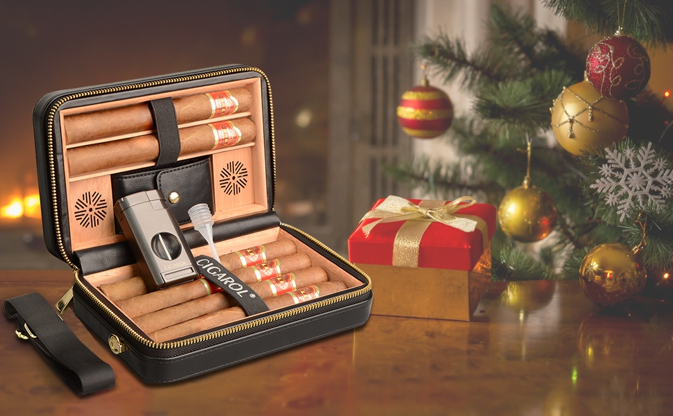 Чохол для сигар, переносний шкіряний гумодор, з запальничкою, вміщує до 6 сигар, чудовий подарунок для чоловіків (без сигар), чорний