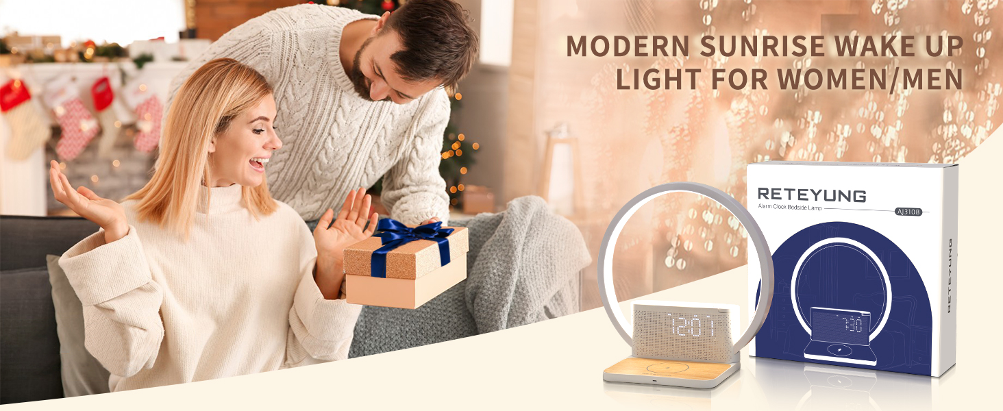 Нічна лампа RETEYUNG з бездротовою зарядкою 10W, 2 будильники, денний світловий будильник, 10 заспокійливих звуків, сенсорне регулювання яскравості (3 рівні), стиль арт-деко