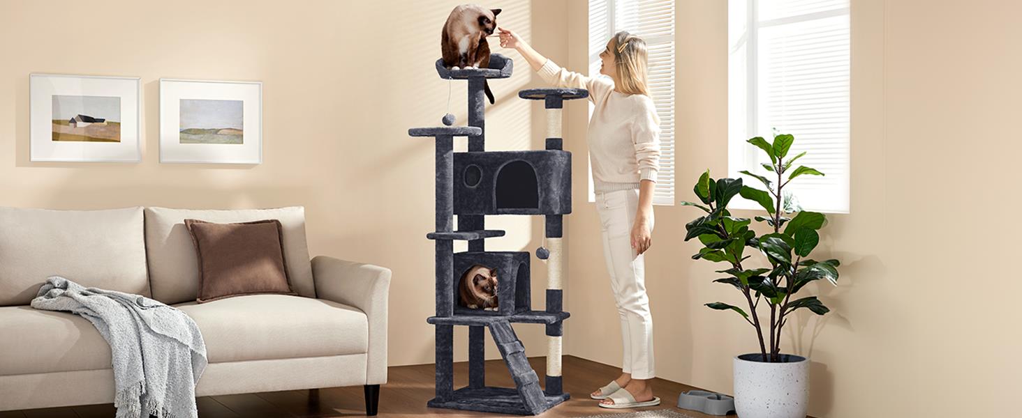 Кігтеточка для котів Yaheetech, велика, 158 см, з 3 платформами, 3 стовпчиками для заточування, 2 будиночками, м'ячиками, сірого кольору