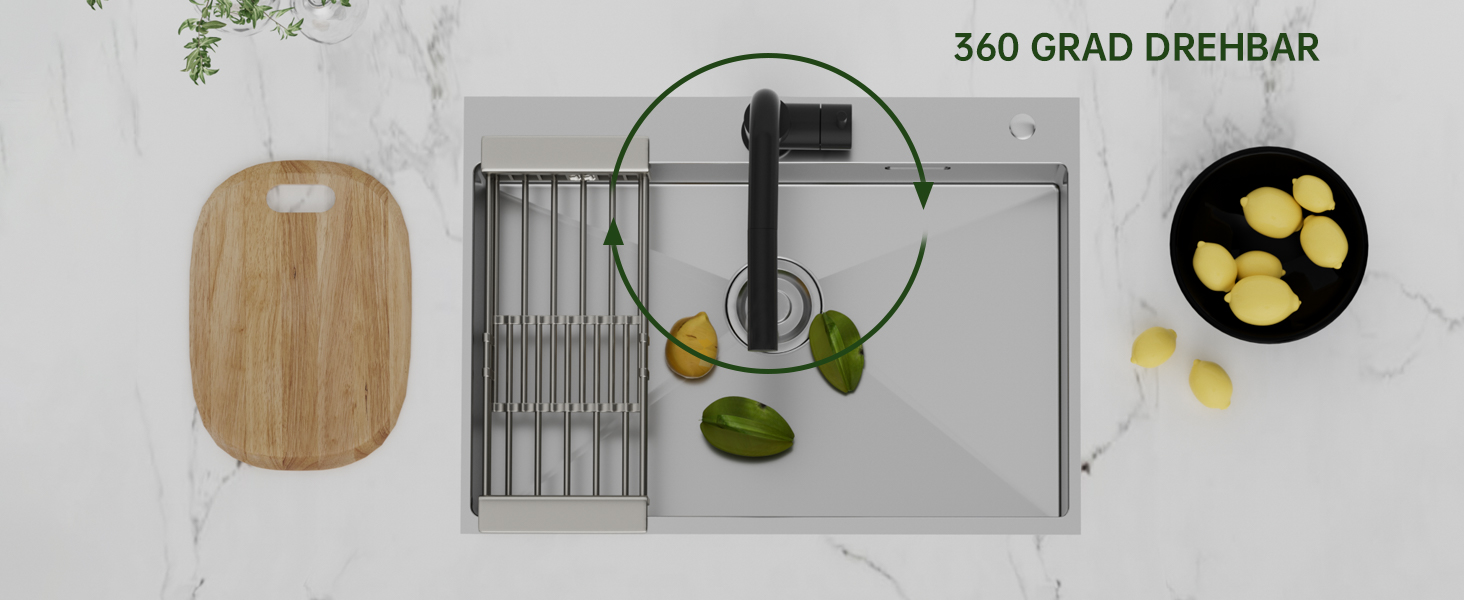 Змішувач кухонний DAYONE з висувною лійкою, нержавіюча сталь, 3 режими, поворотний на 360°, для кухонної мийки (15 см), матовий чорний